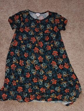 LuLaRoe Navy Floral Short-Sleeve Dress with Orange and Teal Flowers